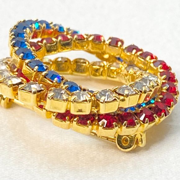 Spiral Circle Brooch Red White Blue Rhinestone Strands On Gold Tone Metal - Picture 4 of 8